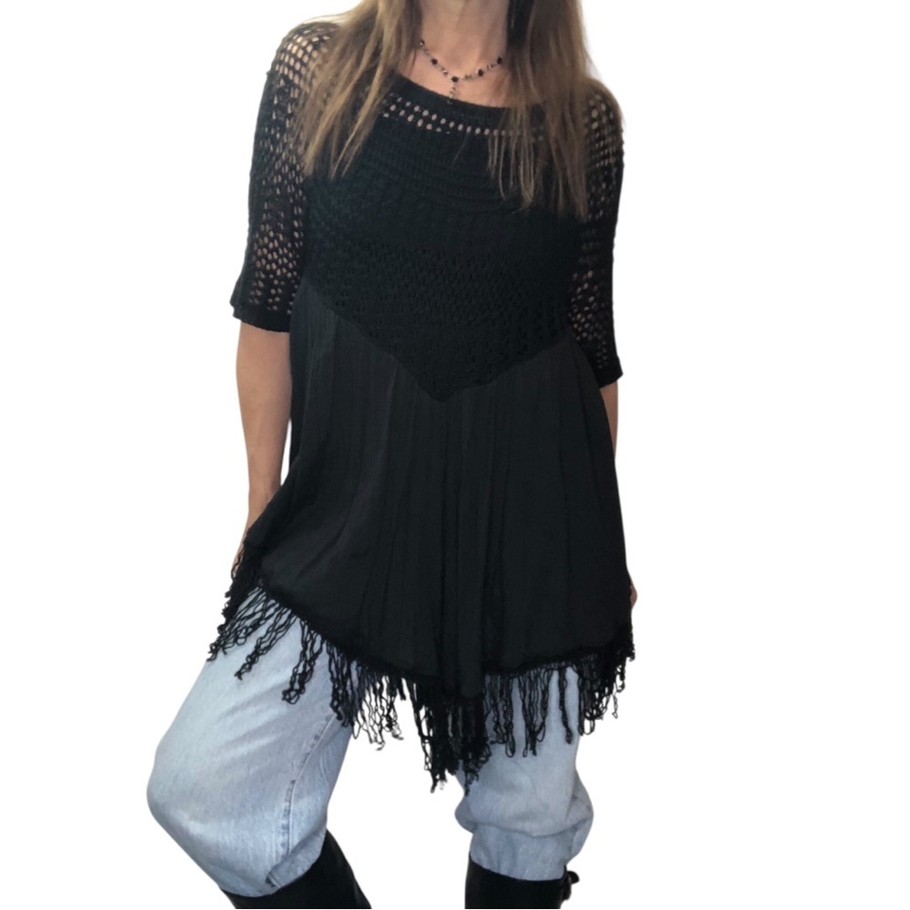 Selfie Couture Crochet Fringe Tunic Top Sz S Festival Boho Grunge Rock Western